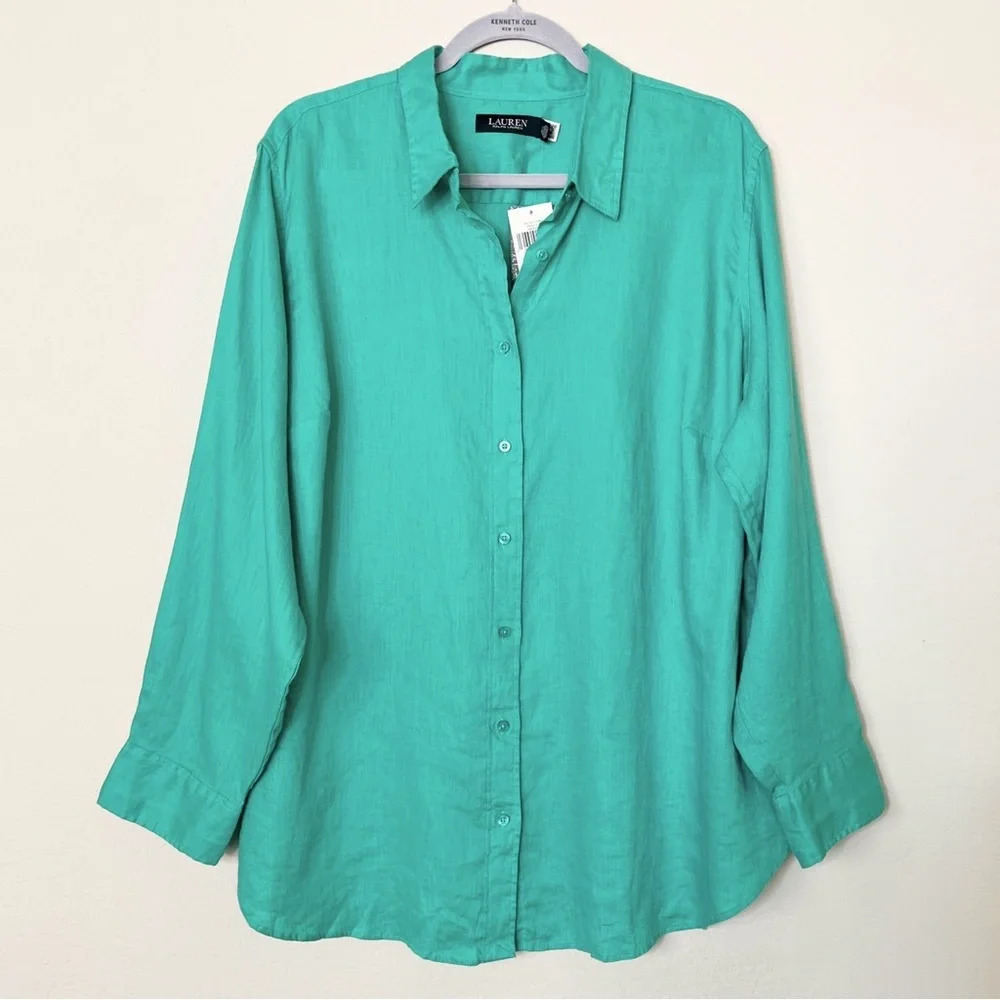 Lauren‎ Ralph Lauren Turquoise Linen Long Sleeve Button Up Shirt